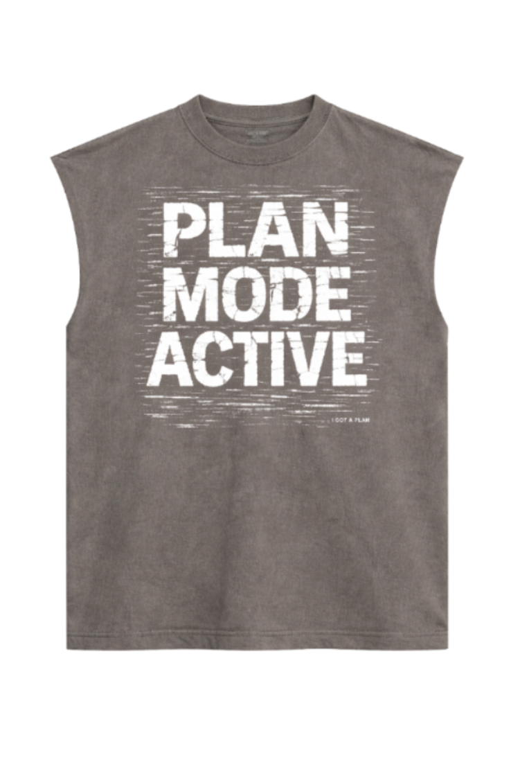 Gray sleeveless shirt with 'PLAN MODE ACTIVE' text on a white background
